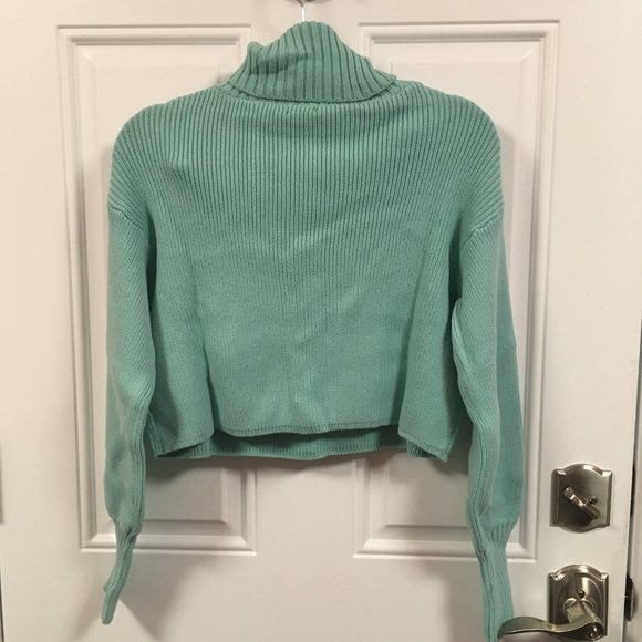 Wild Fable Cropped Sweater Cowl Neck Ribbed Knit Long Sleeve Turquoise NWT Sz S - Picture 2 of 8